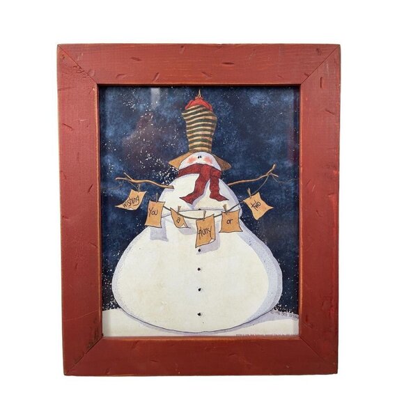 Beth Yarbrough 1996 Framed Friendly Snowman Print "Wishing You A Flurry or Two" - Picture 1 of 3